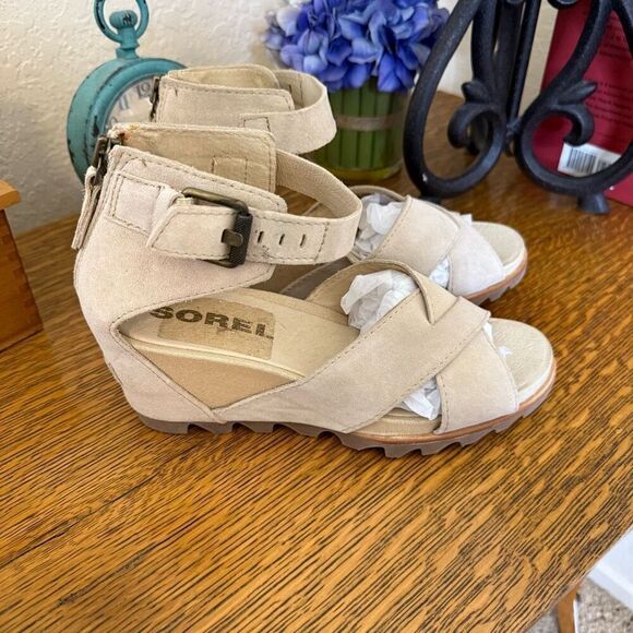 Sorel Oatmeal Joanie II Leather Wedge Sandals Sz 9.5 - Picture 2 of 14